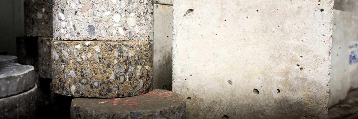 Concrete slices and blocks in the lab ready for analyses